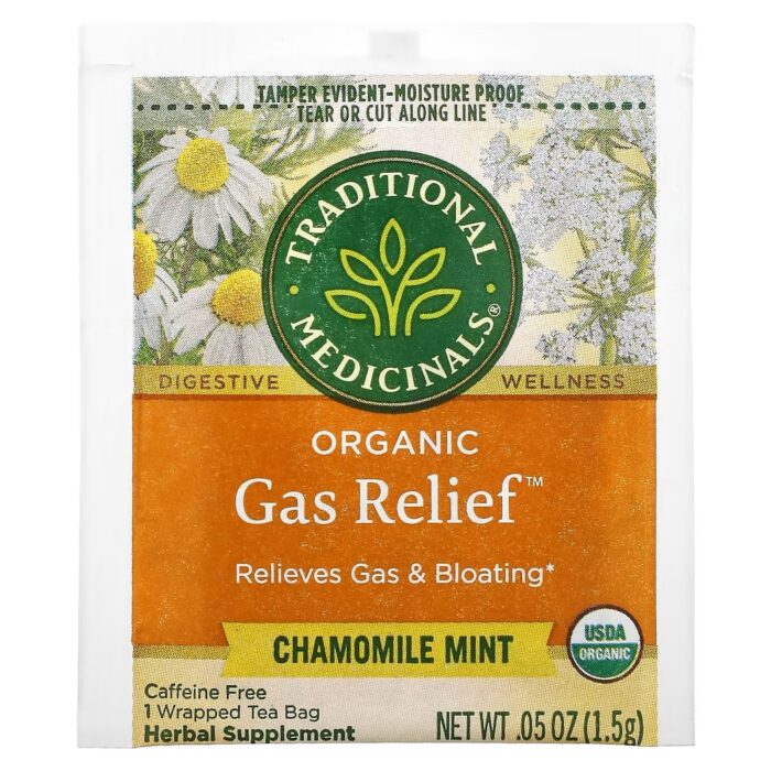 ⁦TRADITIONAL MEDICINALS- تراديشيونال ميديسينالز
Gas Relief العضوي، خالٍ من الكافيين، بالنعناع والبابونج، ، 16 كيس شاي مغلّف، 0.85 أونصة (24 جم)⁩ - الصورة ⁦2⁩