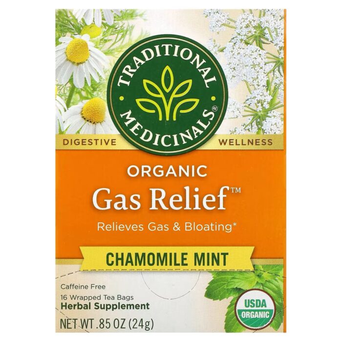 ⁦TRADITIONAL MEDICINALS- تراديشيونال ميديسينالز
Gas Relief العضوي، خالٍ من الكافيين، بالنعناع والبابونج، ، 16 كيس شاي مغلّف، 0.85 أونصة (24 جم)⁩ - الصورة ⁦1⁩