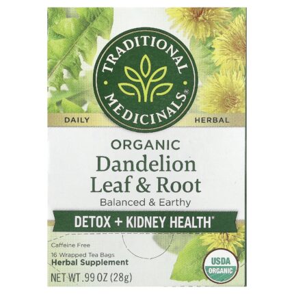 TRADITIONAL MEDICINALS- تراديشيونال ميديسينالز
شاي جذور وأوراق الهندباء العضوية، خالٍ من الكافيين، 16 كيس شاي مغلف، 0.99 أونصة (28 جم)