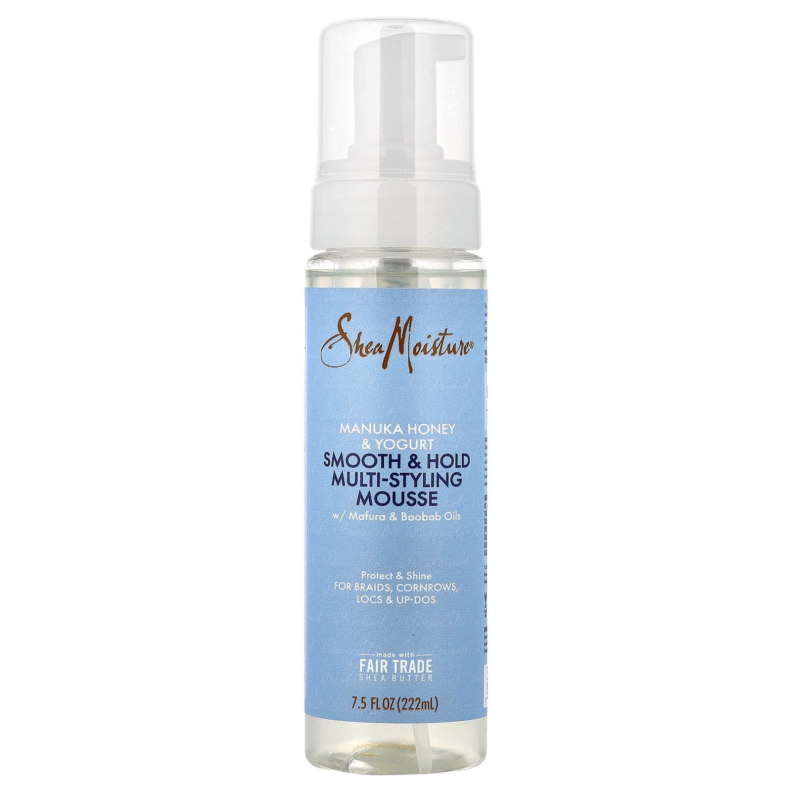 081f8dc3-66de-4760-9590-e14191ccbceb SHEA MOISTURE-موس تصفيف الشعر متعدد الاستخدامات، ناعم وثابت، بخلاصة عسل مانوكا والزبادي، مع زيوت المافورا والباوباب(222ml) - الصورة 1